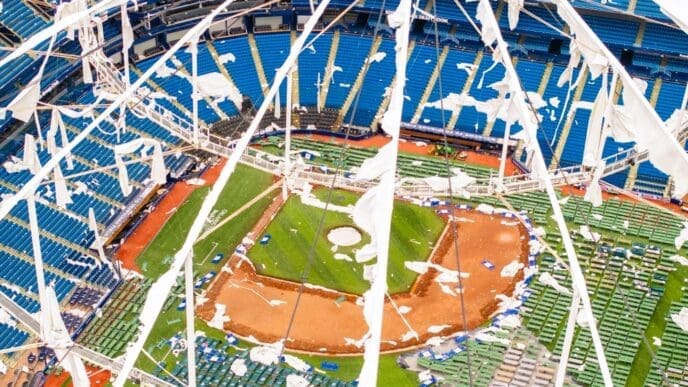 St Petersburg, FL, USA - October 11, 2024 Tropicana Field Stadium St Petersburg Florida aftermath from Hurricane Milton 2024