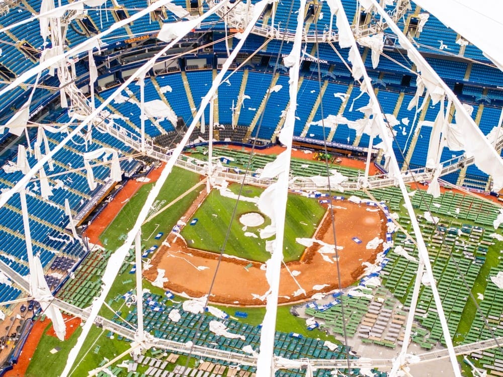 St Petersburg, FL, USA - October 11, 2024 Tropicana Field Stadium St Petersburg Florida aftermath from Hurricane Milton 2024