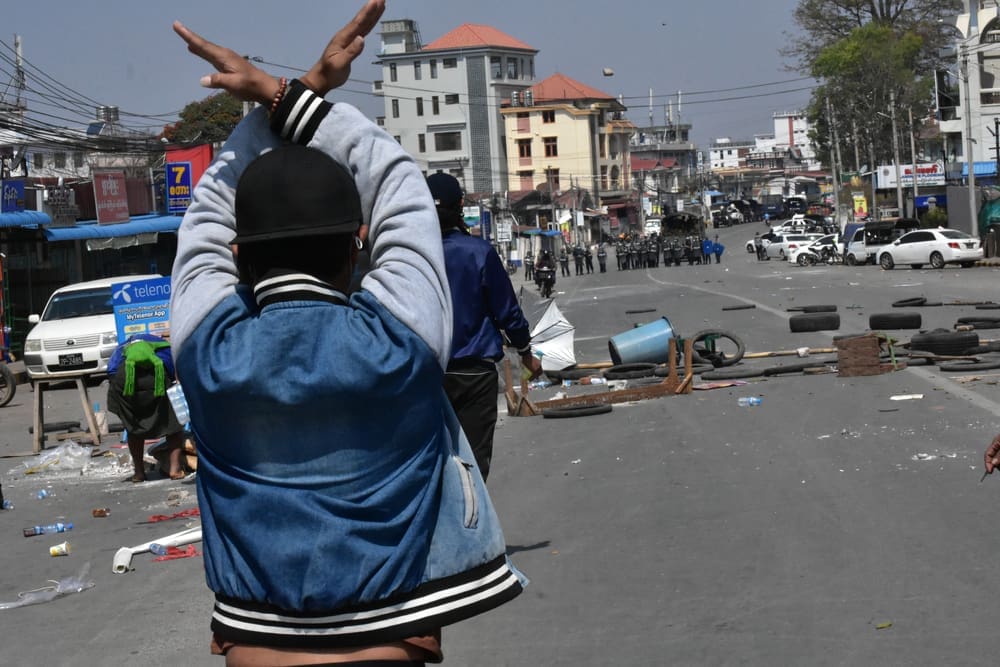 Taunggyi, Myanmar - 10 March 2021. Myanmar security forces cracking down on anti-coup protesters. By Shutterstock.com - R. Bociaga