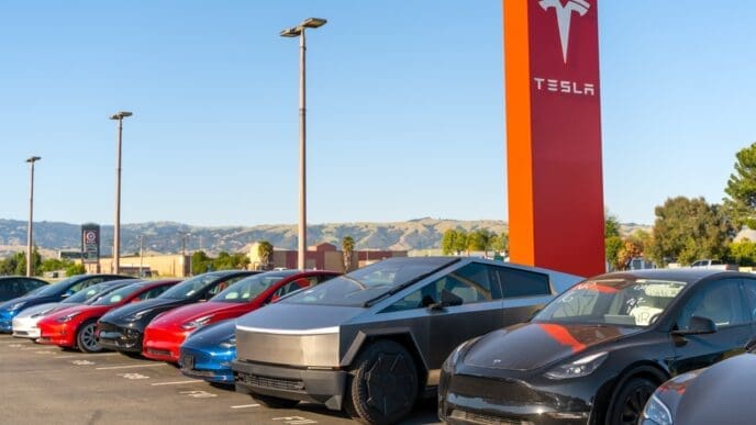 Tesla Cybertruck next to the Tesla showroom in Gilroy