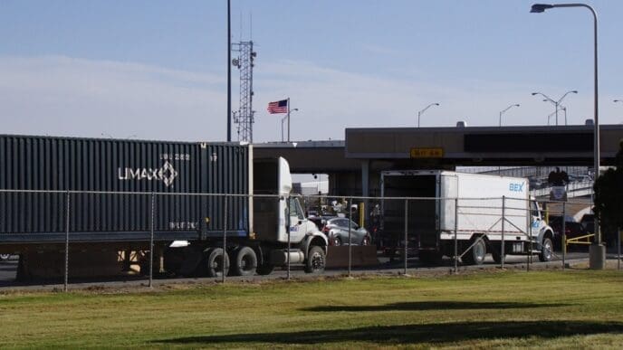 Trucks queued at the Mexican border checkpoint at the Bridge of the Americas International Bridge