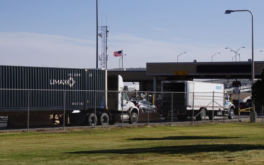 Trucks queued at the Mexican border checkpoint at the Bridge of the Americas International Bridge
