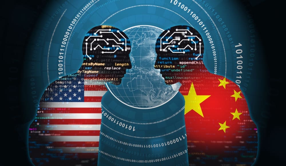 Two human figure including America and China flag are in confrontation on the world background. By Shutterstock.com - KaimDH
