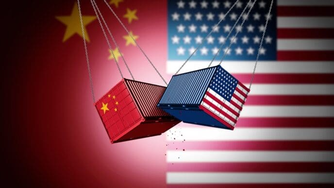 USA China Tariff Conflict as US and Chinese trade war or American tariffs as two cargo freight containers as an international economic dispute over import and exports concept as a 3D illustration
