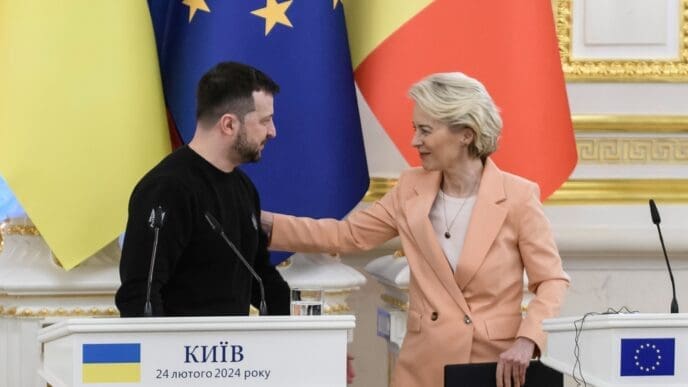 Ukrainian President Volodymyr Zelenskiy is attending a joint press conference with European Commission President Ursula Von Der Leyen in Kyiv, Ukraine, on February 24, 2024. By Shutterstock - Paparazzza