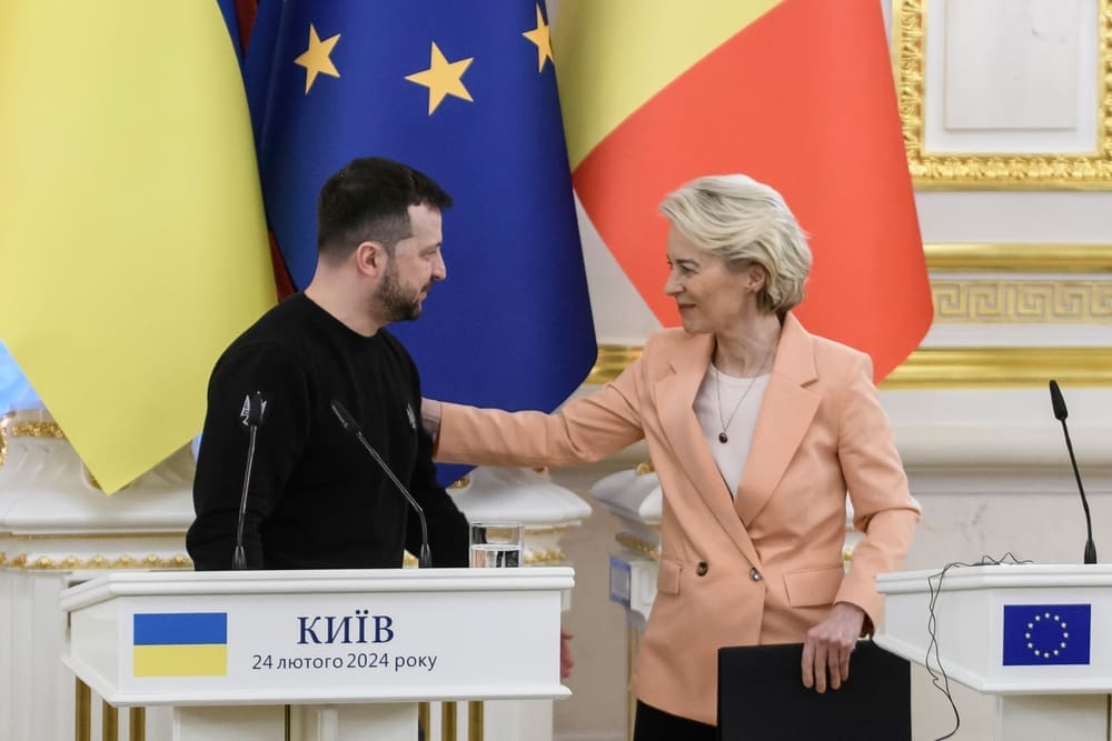 Ukrainian President Volodymyr Zelenskiy is attending a joint press conference with European Commission President Ursula Von Der Leyen in Kyiv, Ukraine, on February 24, 2024. By Shutterstock - Paparazzza