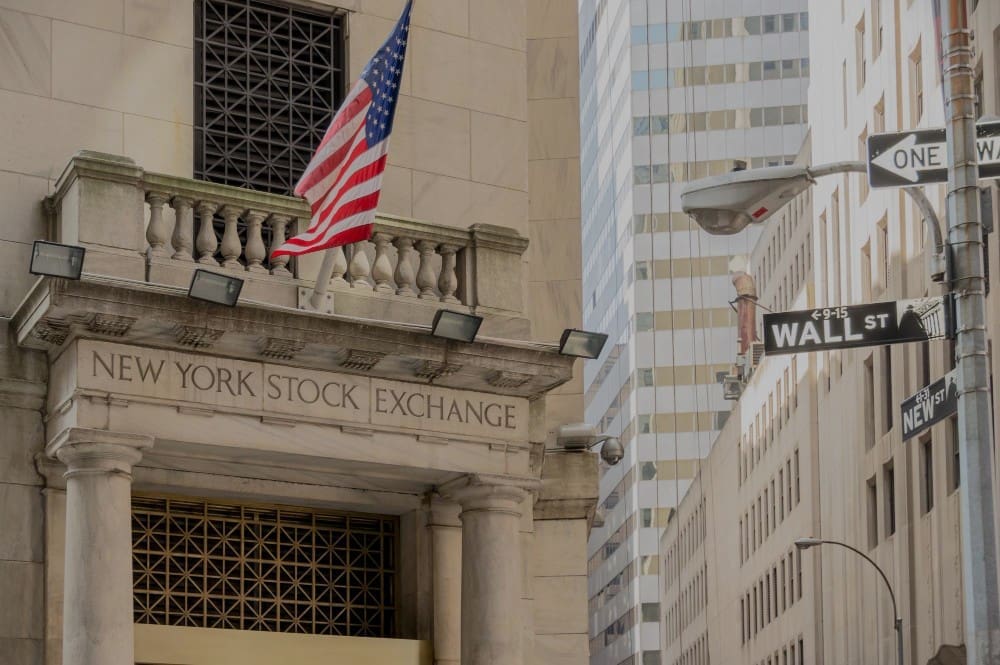View of the flag from a low angle in front of the NYSE building