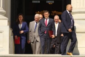 WASHINGTON, DC - May 16, 2024 House Speaker Mike Johnson (R-La.) walks out of the Capitol with the senior House leadership for a press conference.