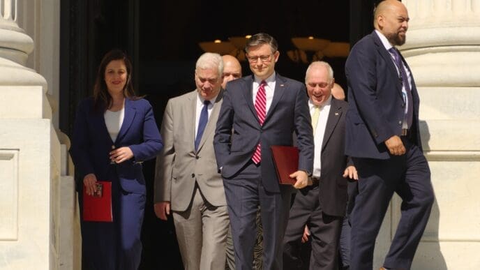 WASHINGTON, DC - May 16, 2024 House Speaker Mike Johnson (R-La.) walks out of the Capitol with the senior House leadership for a press conference.