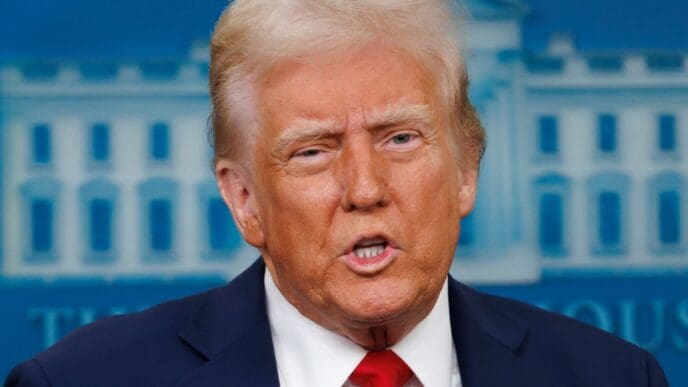 A close-up portrait of President Donald Trump speaking at a White House press briefing.