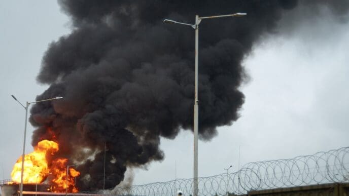 fire on oil station after rocket attack. By Shutterstock - Dmitriy Sidanchenko