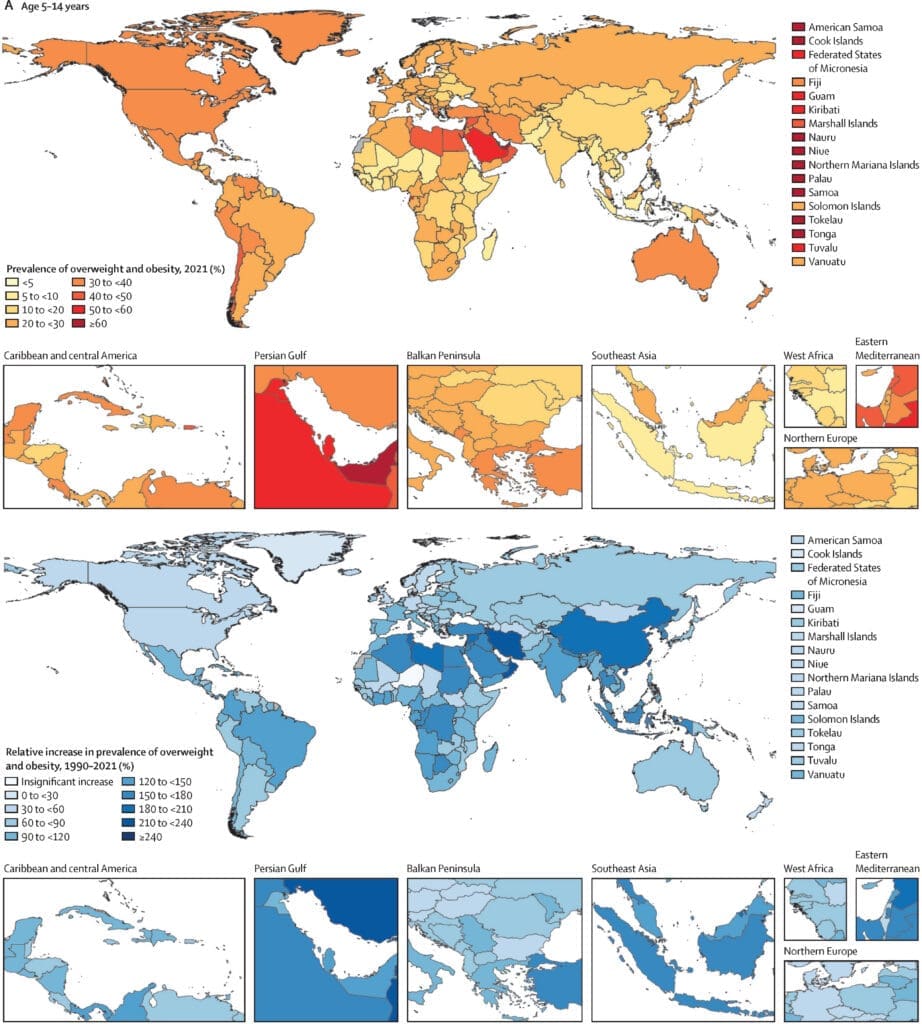 Prevalence of overweight and obesity among children and adolescents, 2021, and percentage change, 1990–2021