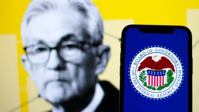in this photo the logo Federal Reserve System,The Fed with the Chair Jerome Powell in the background.indonesia - september 21th 2024.