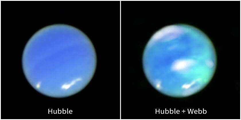 At the left, an enhanced-color image of Neptune from NASA’s Hubble Space Telescope.