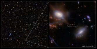 The incredibly distant galaxy JADES-GS-z13-1, observed just 330 million years after the big bang, was initially discovered with deep imaging from NASA’s James Webb Space Telescope’s NIRCam (Near-Infrared Camera). Full image below. The incredibly distant galaxy JADES-GS-z13-1, observed just 330 million years after the big bang, was initially discovered with deep imaging from NASA’s James Webb Space Telescope’s NIRCam (Near-Infrared Camera). Full image below.