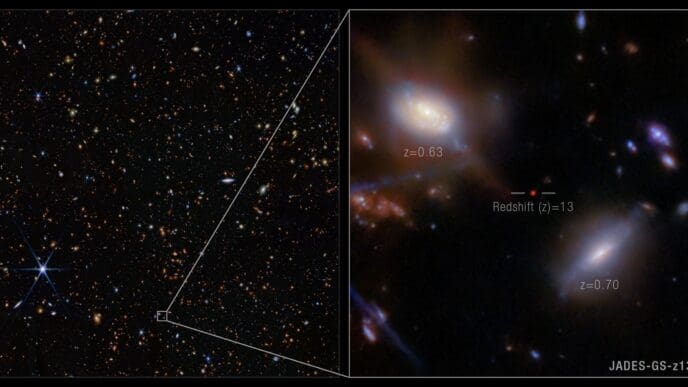 The incredibly distant galaxy JADES-GS-z13-1, observed just 330 million years after the big bang, was initially discovered with deep imaging from NASA’s James Webb Space Telescope’s NIRCam (Near-Infrared Camera). Full image below. The incredibly distant galaxy JADES-GS-z13-1, observed just 330 million years after the big bang, was initially discovered with deep imaging from NASA’s James Webb Space Telescope’s NIRCam (Near-Infrared Camera). Full image below.