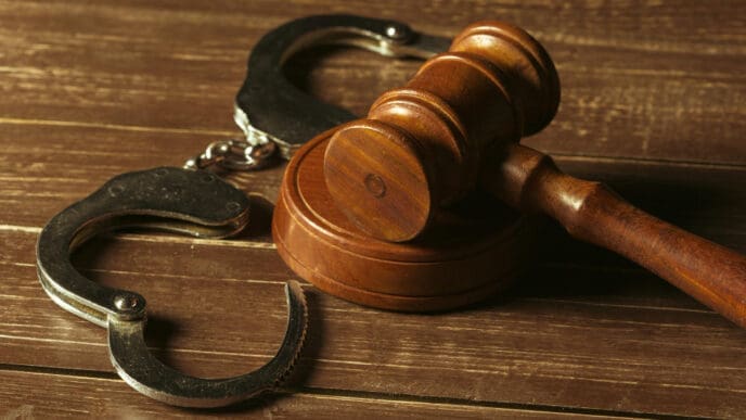 Closeup view of brown wooden mallet of judge and handcuffs