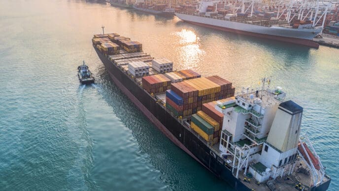 A container ship is arriving at the port, guided by tugboats for a safe entry into the international logistics gateway. By Shutterstock - Iam_Anuphone