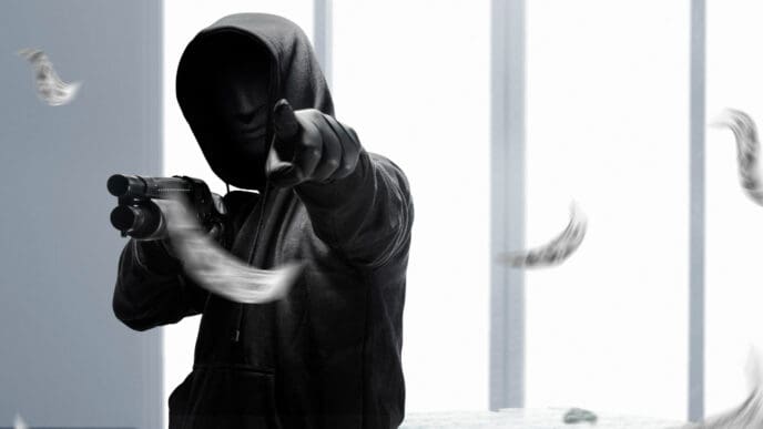 A masked criminal brandished a shotgun, aiming it threateningly at the scene as he demanded compliance during the robbery