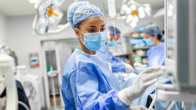 A young female doctor in scrubs and a protective face mask gets ready for surgery