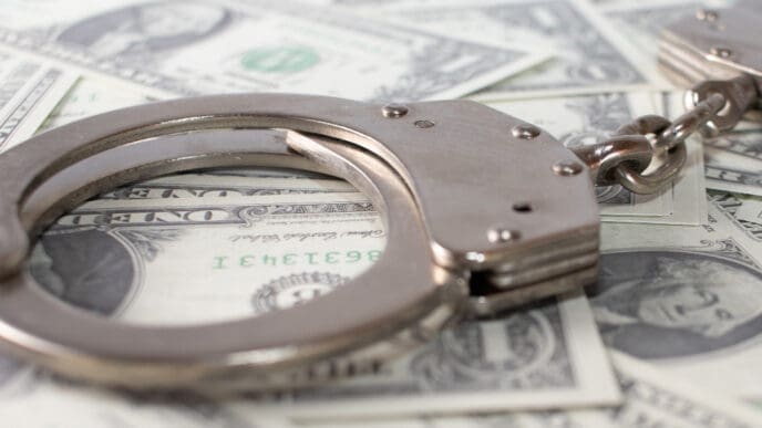 Closeup view of metal handcuffs and dollars