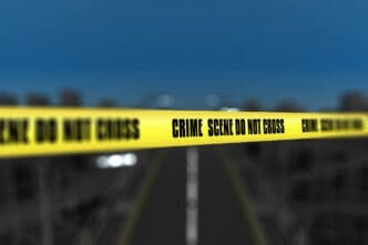 Crime scene tape against blurred city background