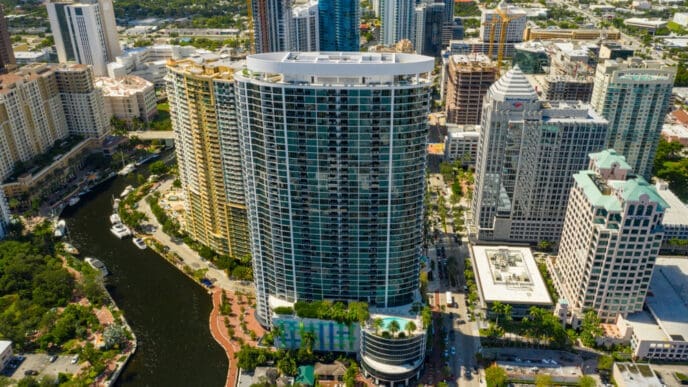FORT LAUDERDALE, FL. Aerial photo of Icon Las Olas a luxury highrise condominium apartment building in Fort Lauderdale. By Shutterstock.com - Felix Mizioznikov