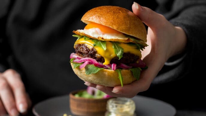 Front view person holding a delicious burger