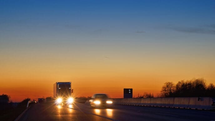 Highway with oncoming trucks and a car after sunset. Shining the spotlight cars. By Shutterstock - Milos Muller