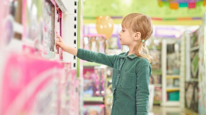 Kid choosing toys for purchase in big store