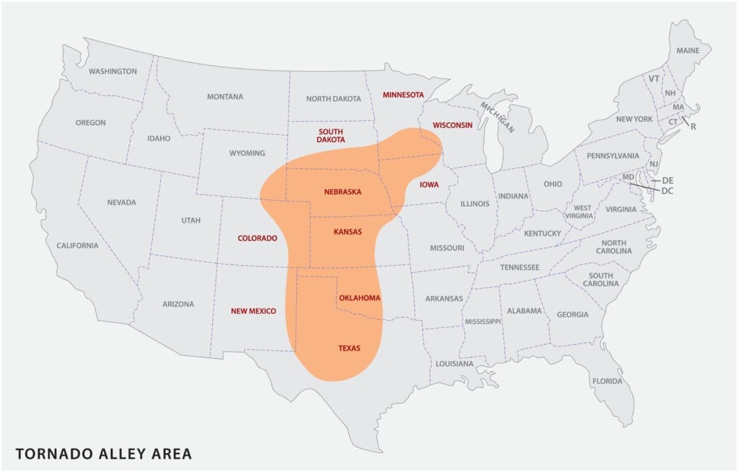 Map of the Tornado Alley area in the United States. By Shutterstock.com - Rainer Lesniewski