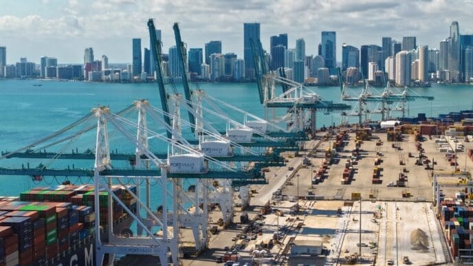 Miami, Florida - Feb 04, 2025. Freight container of cargo. Port of Miami. By Shutterstock.com - Just Dance