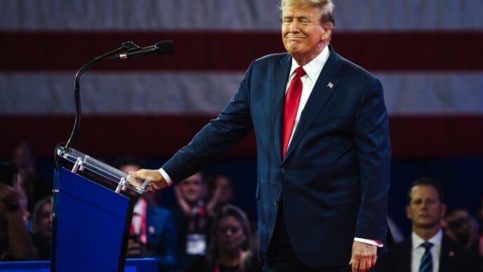 NATIONAL HARBOR, MD - February 24, 202.4 Donald Trump speaks at an event about his plan for defeating Joe Biden in November. By Shutterstock.com - Jonah Elkowitz