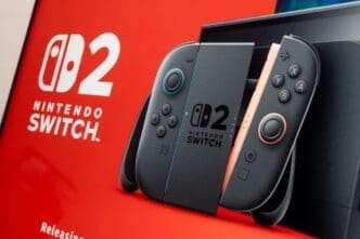 Nintendo switch 2 console displayed on a vibrant red announcement website and landing page, showcasing its design and features. By Shutterstock - agustin.photo