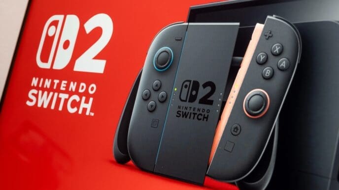 Nintendo switch 2 console displayed on a vibrant red announcement website and landing page, showcasing its design and features. By Shutterstock - agustin.photo