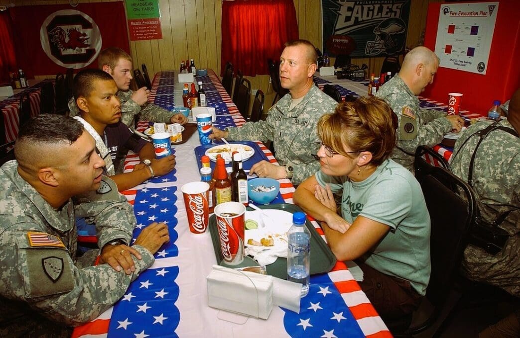 Palin during her visit with Alaska National Guard soldiers stationed in Kuwait, July 24, 2007