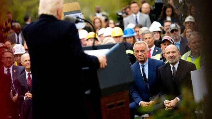 President Trump, seen from behind, speaks from a podium in the Rose Garden at the White House, addressing a diverse crowd of people including some in hard hats, with two men in suits listening intently in the foreground.