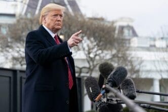 President Trump speaks with members of the press prior to boarding Marine One to begin his trip to South Carolina. Washington, DC - February 28, 2020. By Shutterstock.com