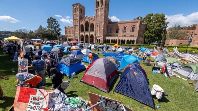 Pro-Palestinian protesters gathered at an encampment at the University of California, Los Angeles (UCLA), on April 26, 2024. By Shutterstock.com - Ringo Chiu