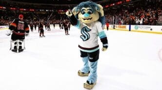 Seattle Kraken mascot Buoy at a Coachella Valley Firebirds game