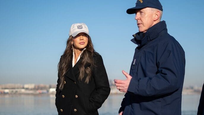 Secretary Kristi Noem with Admiral Kevin Lunday overseeing recovery operations of the 2025 Potomac River mid-air collision