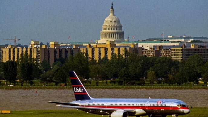 The US Capital dome is visible in the background as seen from Ronald Reagan National Airport with the Potomac River behind the US Airways jet on it's take off roll. By Shutterstock - Mark Reinstein