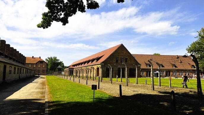 The visitor reception centre of the Auschwitz-Birkenau Memorial and Museum and the former prisoner reception centre of Auschwitz I, the German concentration camp in occupied Poland