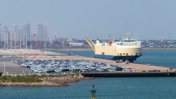 Tiangin, China - 08.20.2022. New cars waiting in a port Tianjin, China. By Shutterstock - ambient_pix