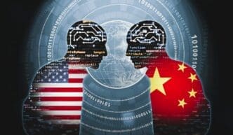 Two human figure including America and China flag are in confrontation on the world background. By Shutterstock.com - KaimDH