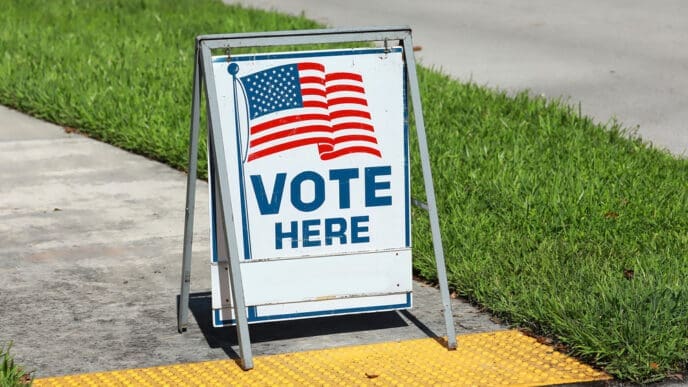 Vote Here Sign placed on the walkway to a neighborhood polling place, as seen on election day in Fort Lauderdale, Florida. By Shutterstock.com - Jillian Cain Photography