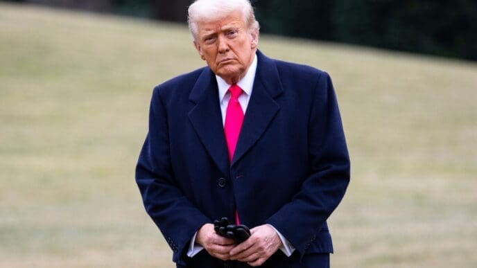 WASHINGTON – Feb 22, 2025. President Donald Trump arrives at the White House South Lawn on Marine One after his visit to CPAC. By Shutterstock.com - Joshua Sukoff