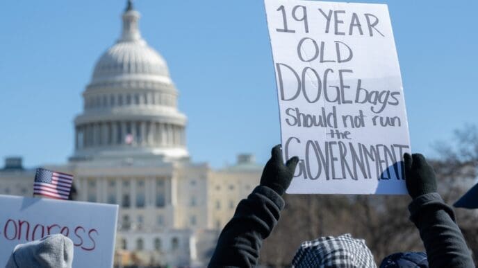 Washington DC Feb 17, 2025. Demonstrators gather at the U.S. Capitol to protest the actions of President Trump’s administration and billionaire Elon Musk on President’s Day. By Shutterstock - Rena Schild