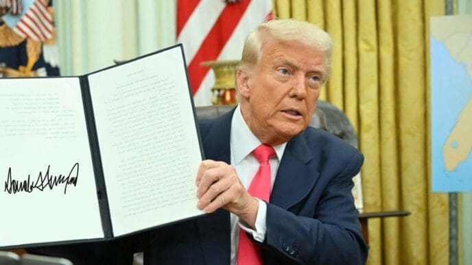 Washington, DC on March 6, 2025. President Trump showing signing an executive order in the Oval Office of the White House. By Shutterstock.com - Babooo0