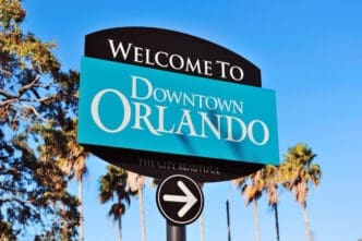 Welcome to Downtown Orlando sign on the road